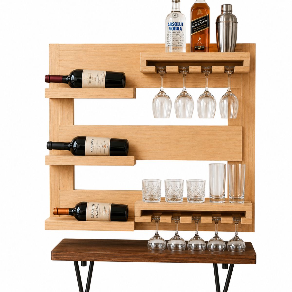 GEN - Bar Flotante MUGUI - Madera de pino con Botellero, Copero y Repisas para Licores  ESTILO moderno