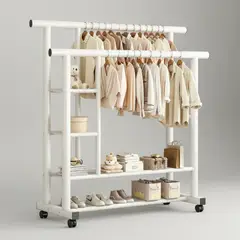 GENERICO - PERCHERO BLANCO CON RUEDAS Y ESTANTE 150 CM TUBO GRUESO RESISTENTE TFI