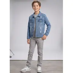 KIBOU - Chaqueta Mezclilla Niño Jean Desgastada Rotos Moda Urbana
