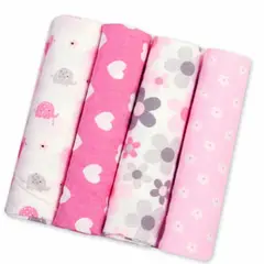 BABYMINE - Set 4 Tutos Bebé Franela 100% Algodón Corazones Rosa -
