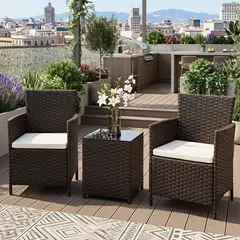 ELEMENT DESIGN - Juego de Terraza y Balcón de Ratán Sintético 3 Piezas con Cojines Removibles y Mesa Vidrio Marrón