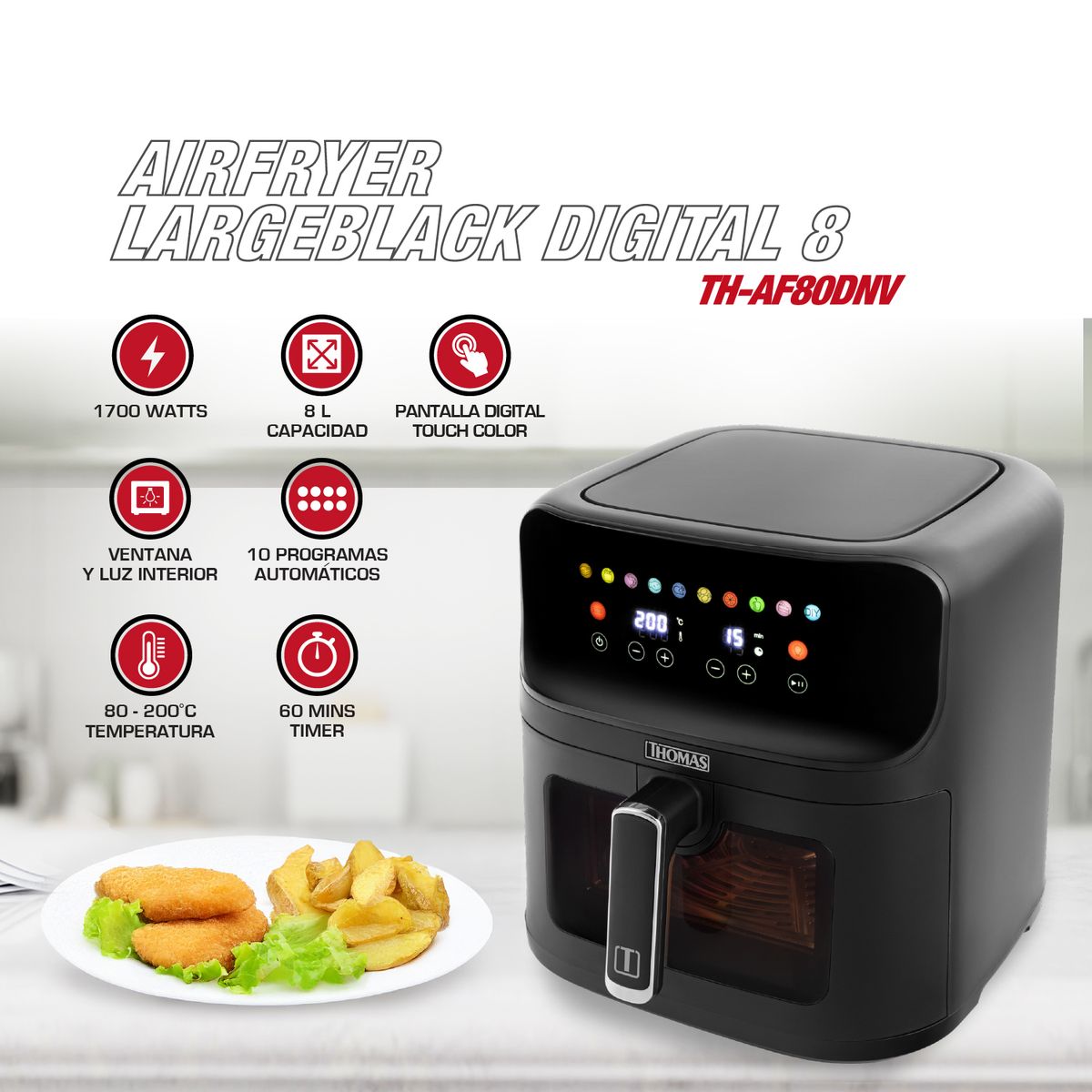 THOMAS - AirFryer LargeBlack Digital 8 TH-AF80DNV