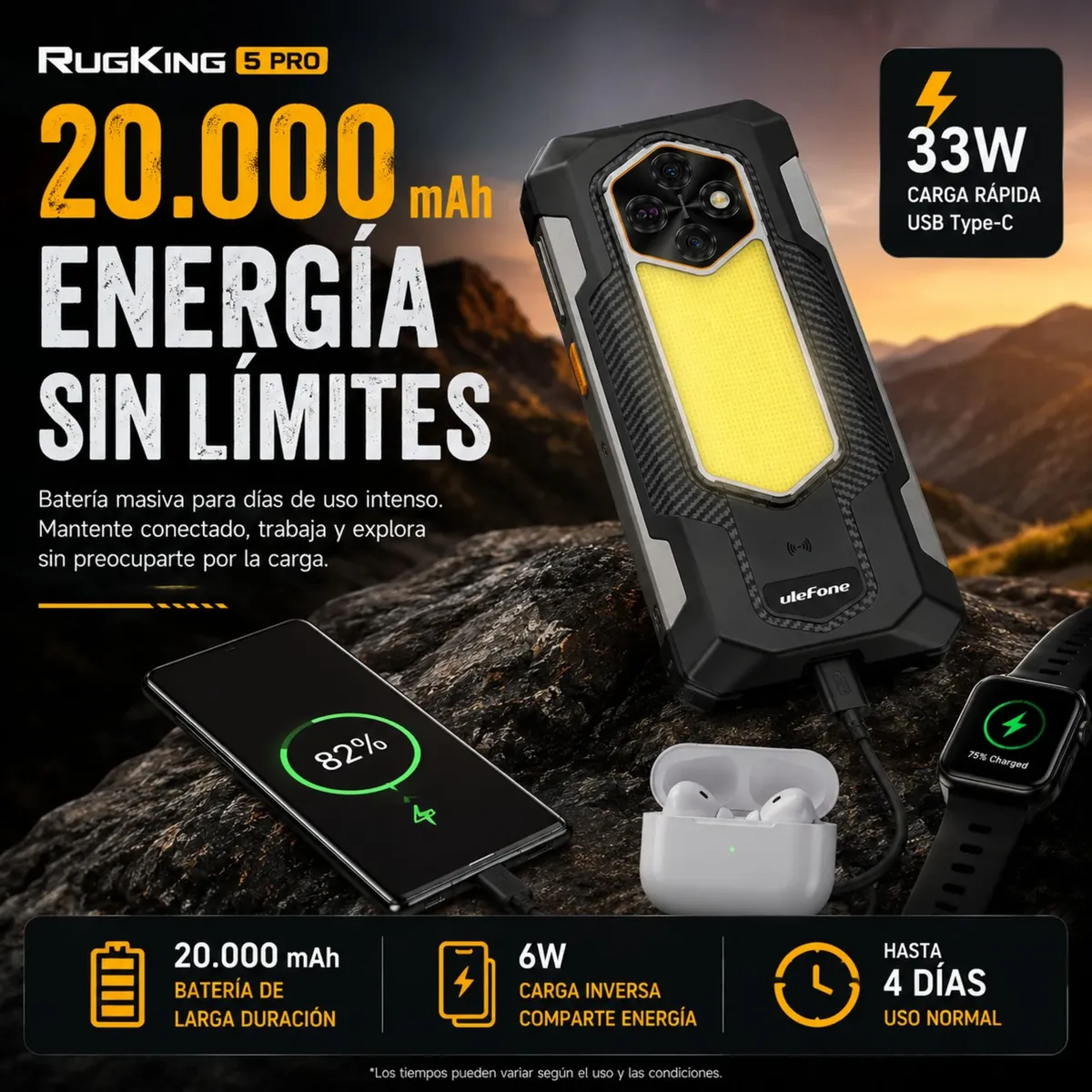 ULEFONE - Celular Rugged Ulefone RugKing 5 Pro Batería 20000mAh 256GB 16GB