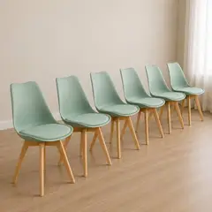 MOAD - Pack 6 Sillas Tulip Nórdicas Acolchadas - Asiento Ecocuero + Patas de Madera Haya