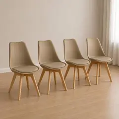 MOAD - Pack 4 Sillas Tulip Nórdicas Acolchadas - Asiento Ecocuero + Patas de Madera Haya