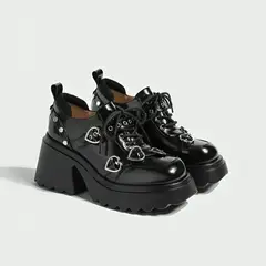GENERICO - Botin Zapato Plataforma Charol Negro Hebillas Corazón - Chunky Sole Gótico