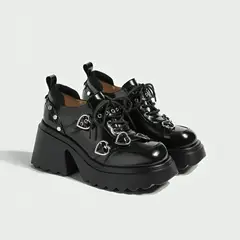GENERICO - Botin Zapato Plataforma Charol Negro Hebillas Corazón - Chunky Sole Gótico