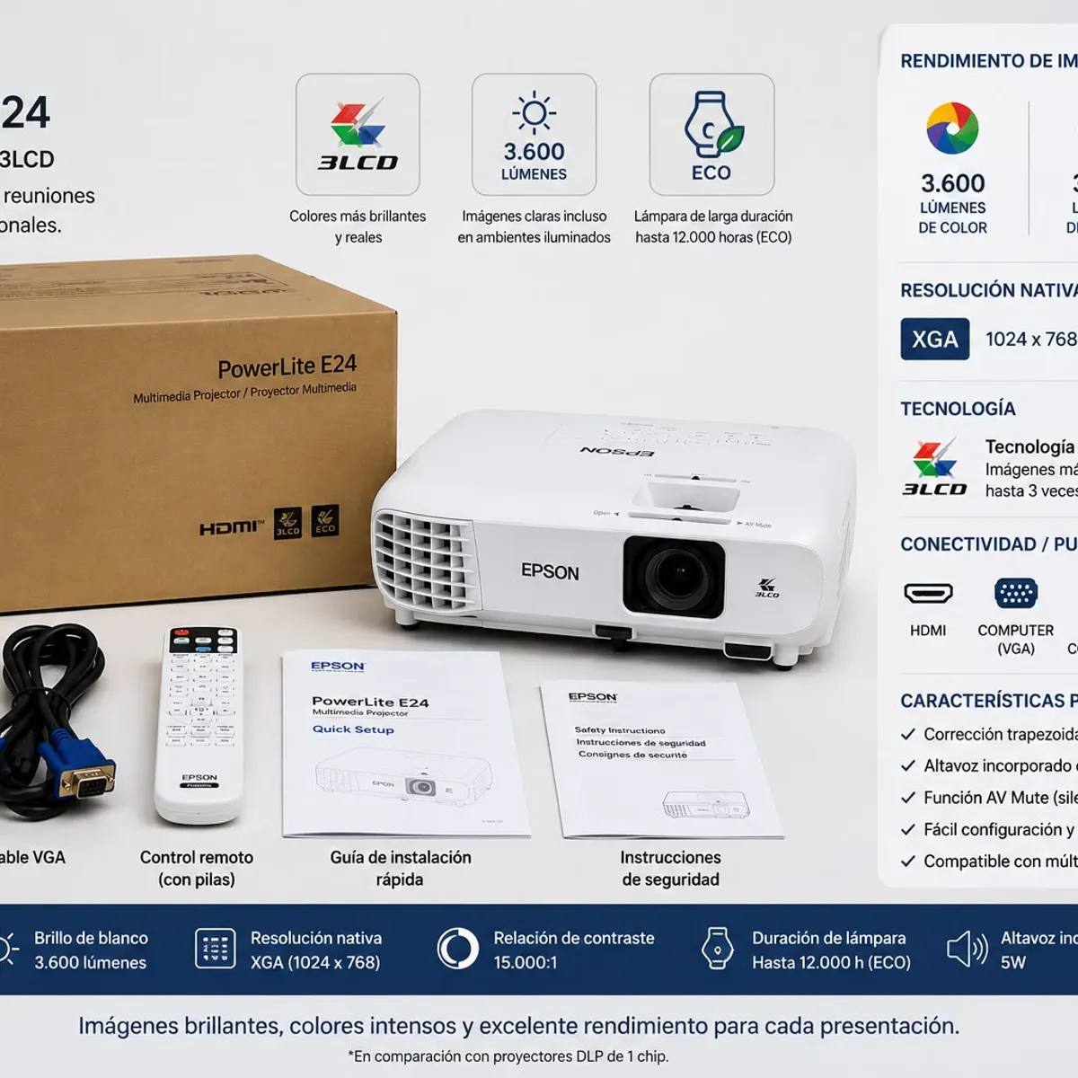 EPSON - Proyector Epson PowerLite E24 XGA 3600 Lúmenes HDMI