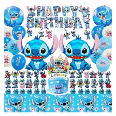 GENERICO - Kit de Cumpleaños diseño de Stich Y Angela Globos + mantel decoracion
