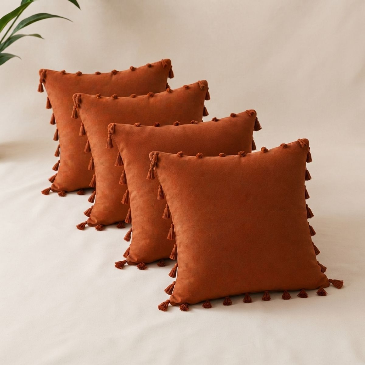 ARMONIA - Fundas Para Cojín 45x45 cm Pack 4 Unidades Café De Poliéster Con Borlas