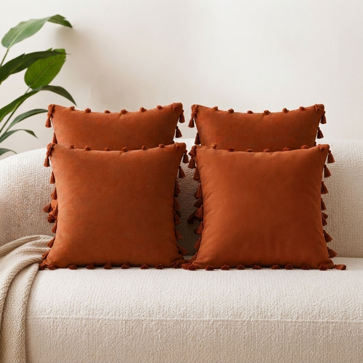 ARMONIA - Fundas Para Cojín 45x45 cm Pack 4 Unidades Café De Poliéster Con Borlas