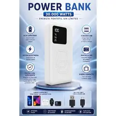 IRM - Cargador Portatil Bateria Externa 30000 Mah Con Pantalla Led Triple Puerto Usb Y Luz Noche Incluida