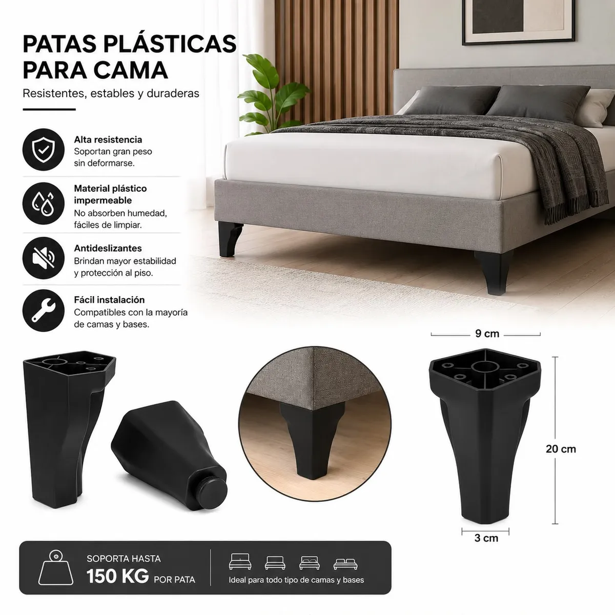 VITELIO - Pack 4 Patas Negra Para Camas Europeas - Pata Para Sillón Altura 20 Cm