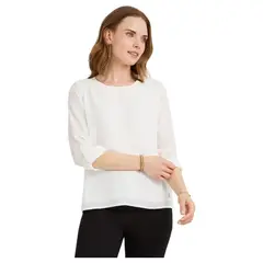 LORENZO DI PONTTI - Blusa Lisa Escote Redondo Manga Roll Up Blanco
