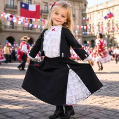 UTILISIMO - Traje Huasa vestido Elegante Negro NIña Conjunto 4 Piezas Tipico Fiestas Patrias