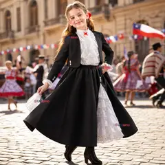 UTILISIMO - Traje Huasa vestido Elegante Negro NIña Conjunto 4 Piezas Tipico Fiestas Patrias