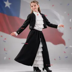UTILISIMO - Traje Huasa vestido Elegante Negro NIña Conjunto 4 Piezas Tipico Fiestas Patrias