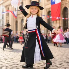 UTILISIMO - Traje Huasa Vestido Elegante Negro NIña Conjunto 7 Piezas Tipico Fiestas Patrias