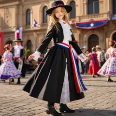 UTILISIMO - Traje Huasa Vestido Elegante Negro NIña Conjunto 7 Piezas Tipico Fiestas Patrias
