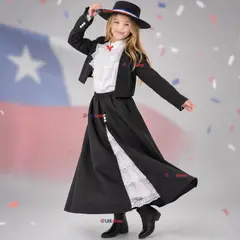 UTILISIMO - Traje Huasa Vestido Elegante Negro NIña Conjunto 7 Piezas Tipico Fiestas Patrias