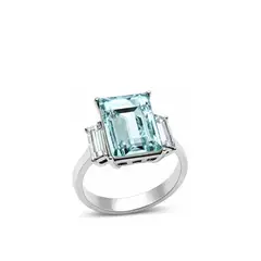 VANE COLLECTION - Anillo mujer moderno solitario corte baguette en color aguamarina con baño de rodio y cristales