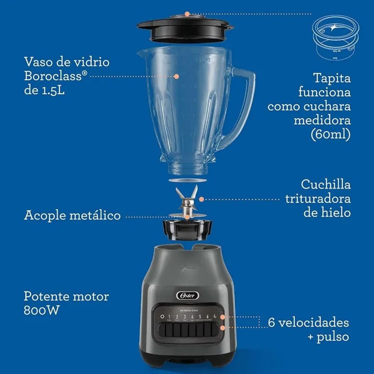 OSTER - Licuadora Oster 800w Vaso de Vidrio 6 Velocidad Mas Pulso