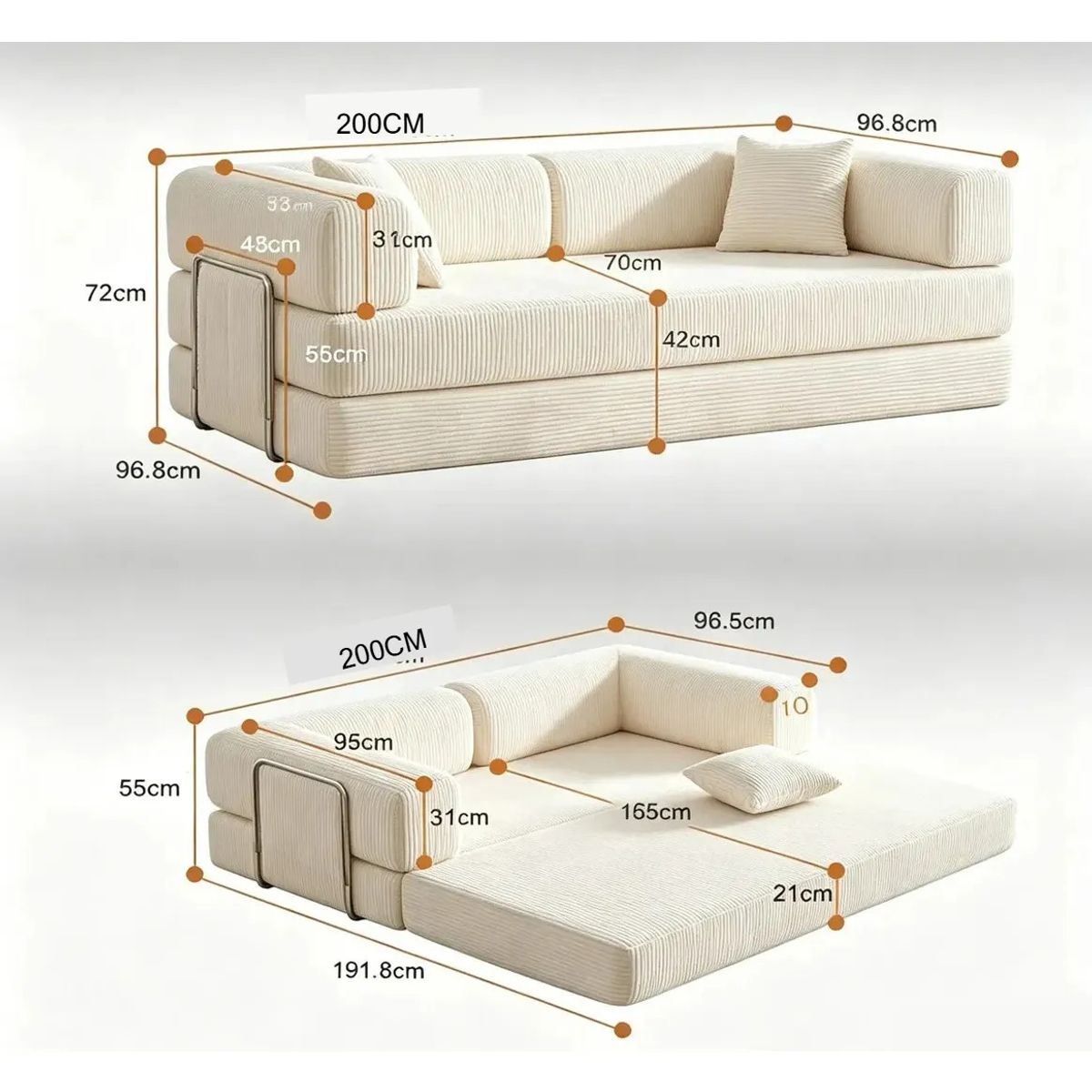 EVERSO - Sofá Cama Modular 5 En 1plegable 200x96x72cm Sin Montaje