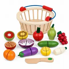 OLEVO - Set de verduras de madera para cortar con canasta, 14 piezas