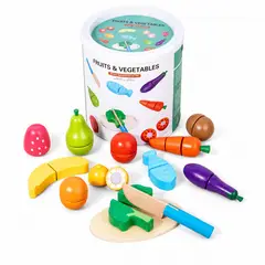 OLEVO - Set de frutas y verduras de madera para cortar con balde