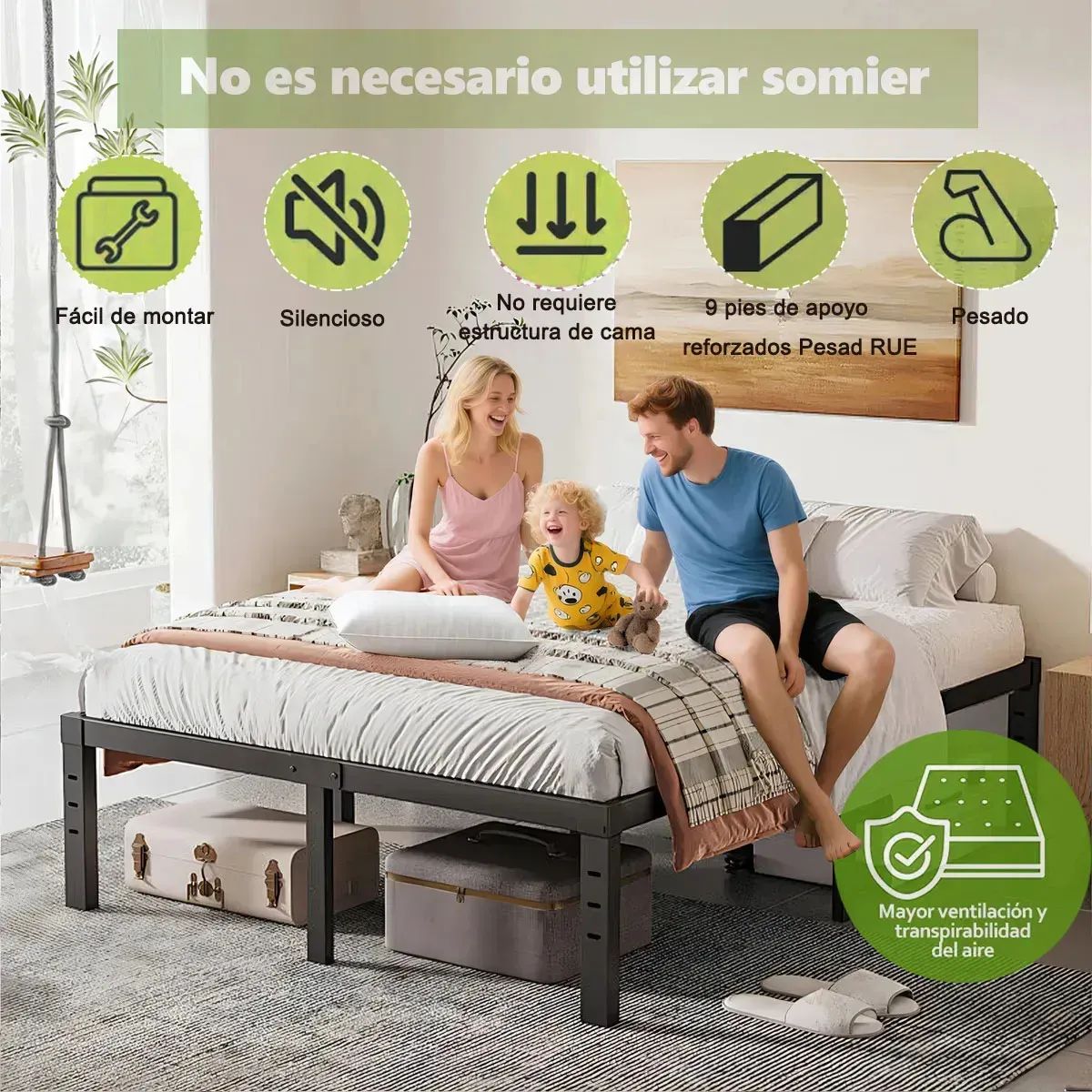 XINEST - Base Cama Matrimonial Acero Reforzado 190x136x36cm Soporta 1000Kg Fácil Armado