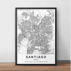 LOS REGALONES - Cuadro Decorativo Mapa Ciudad Santiago De Chile Marco Negro