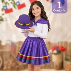 UTILISIMO - Traje Nortino Vestido Niña Morado 4 Piezas Con Polera Baile Típico Fiestas Patrias