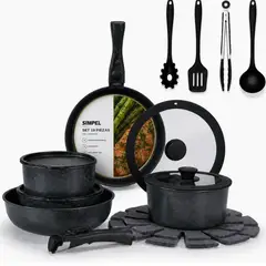 SIMPEL HOME - Juego De Ollas Y Sarten Simpel Antiadherente Granito 19pzs Negro