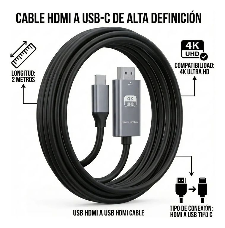 GENERICO Cable Adaptador Usb-c Tipo C A Hdmi 4k Uhd 2 Metros Tv Pc