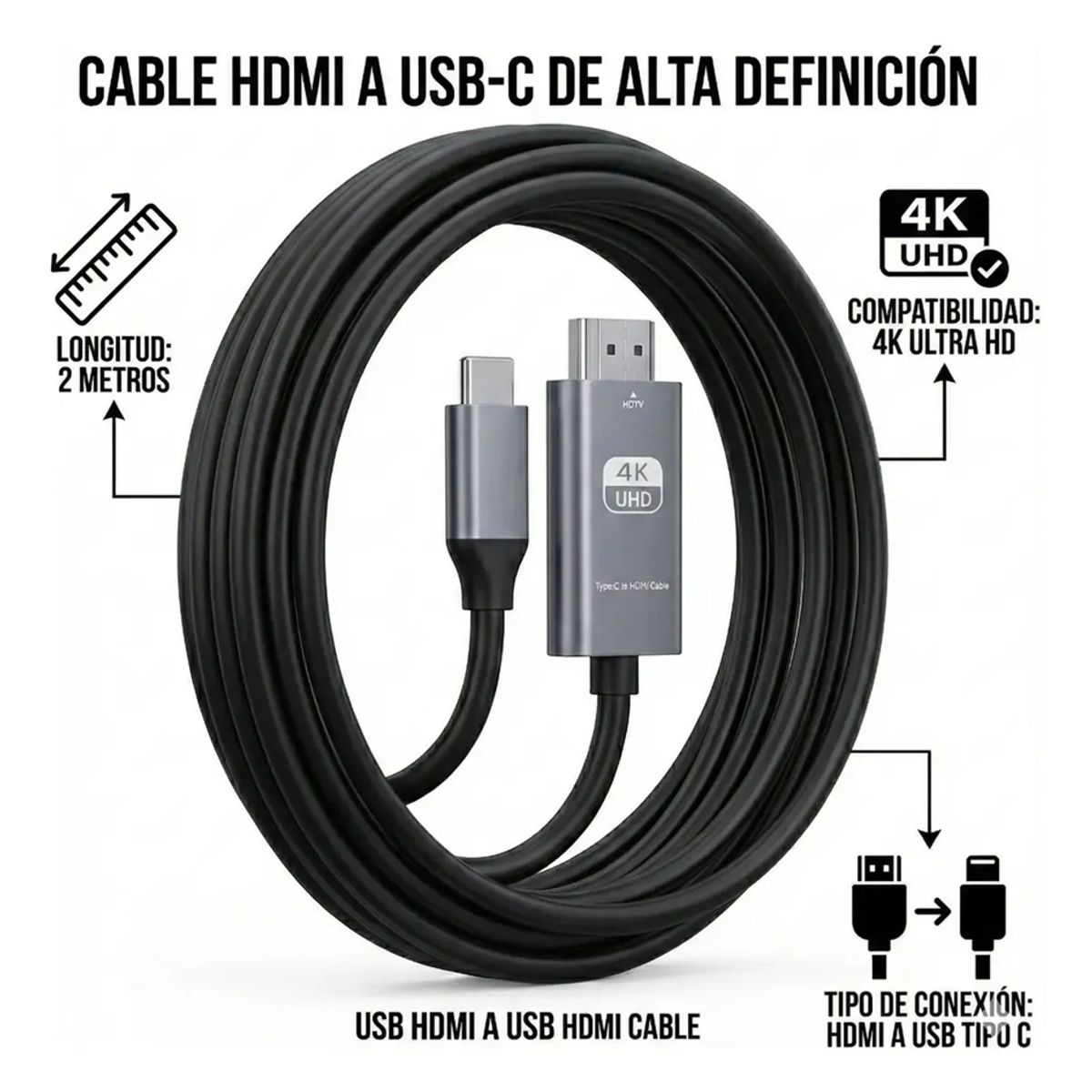 GENERICO - Cable Adaptador Usb-c Tipo C A Hdmi 4k Uhd 2 Metros Tv Pc