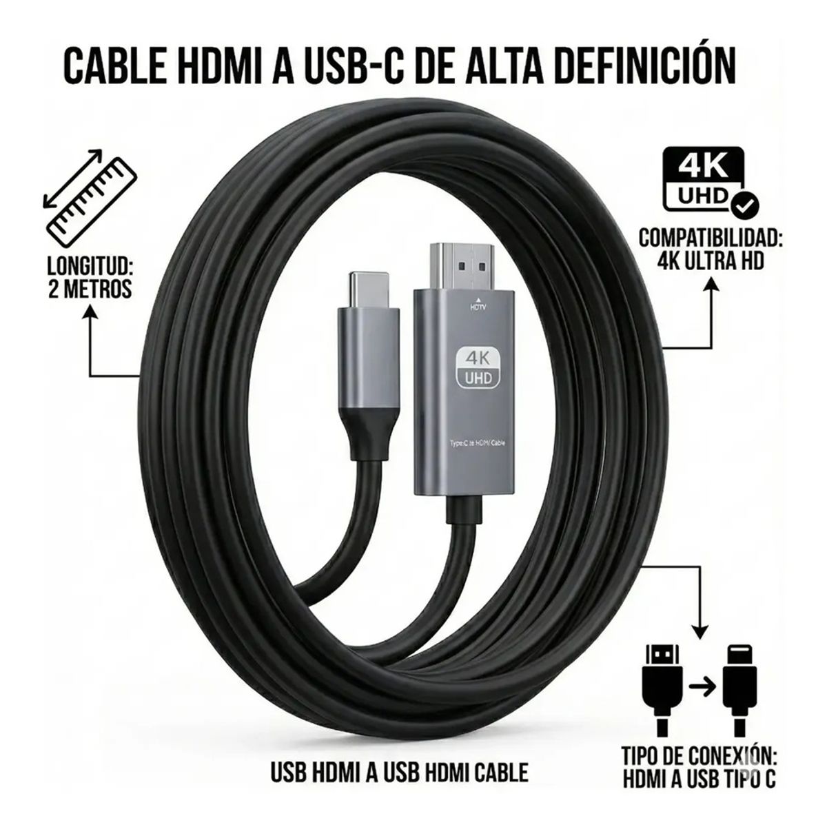 GENERICO - Cable Adaptador Usb-c Tipo C A Hdmi 4k Uhd 2 Metros Tv Pc