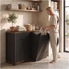 HOMER DESIGN - Gabinete Comoda Para Ropa Sucia Baño Y Logia 2 Cestos Tela Marrón