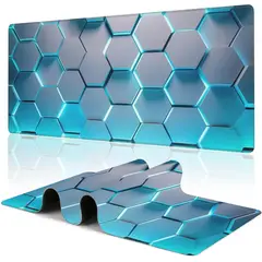 TSKY CHILE SHOPPING - Mouse Pad Gamer XL 90x40 Cm Hexagonal Azul Neon Diseño 3D Tech Alfombrilla Raton Bordes Cosidos 3mm