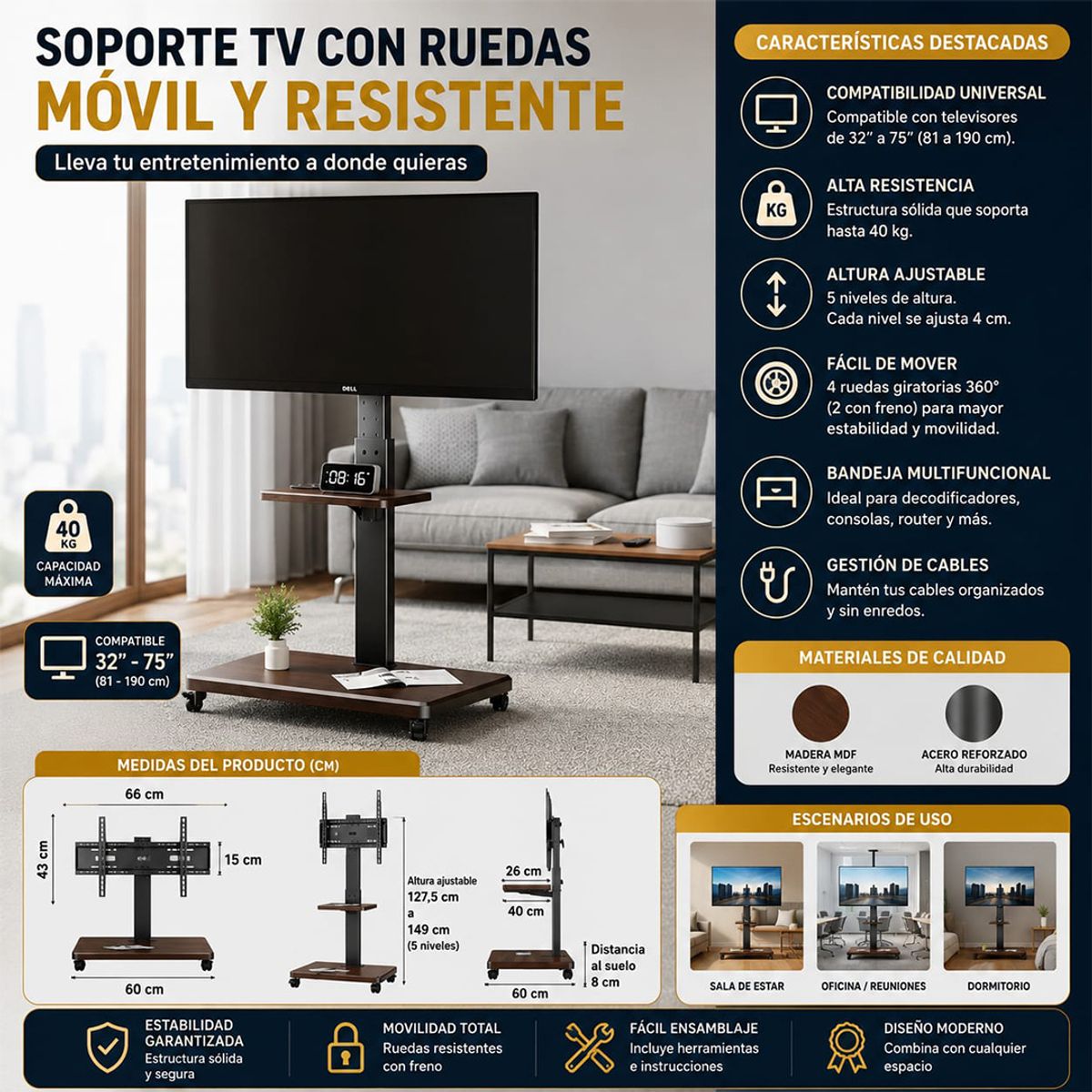 GENERICO - Soporte Tv Móvil Con Ruedas 32 A 75 Base Pedestal negro