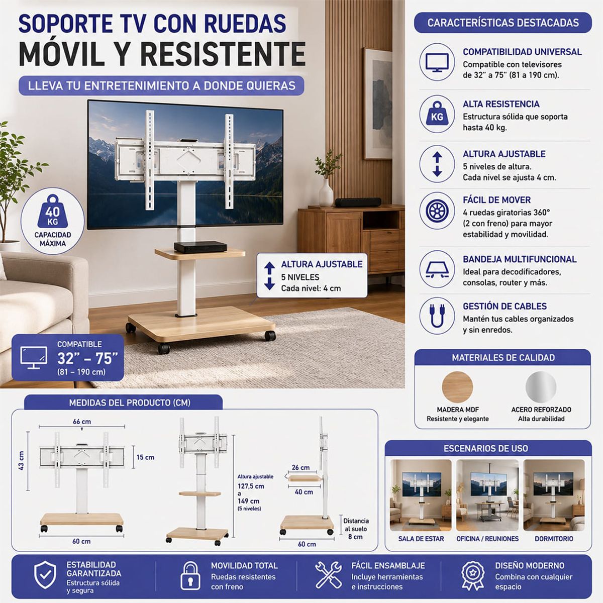 GENERICO - Soporte Tv Móvil Con Ruedas 32 A 75 Base Pedestal blanco