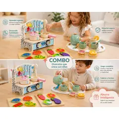 GENERICO - Cocina Montessori de Madera + Juego de Té de Madera para Niños Juguete Educativo con Accesorios