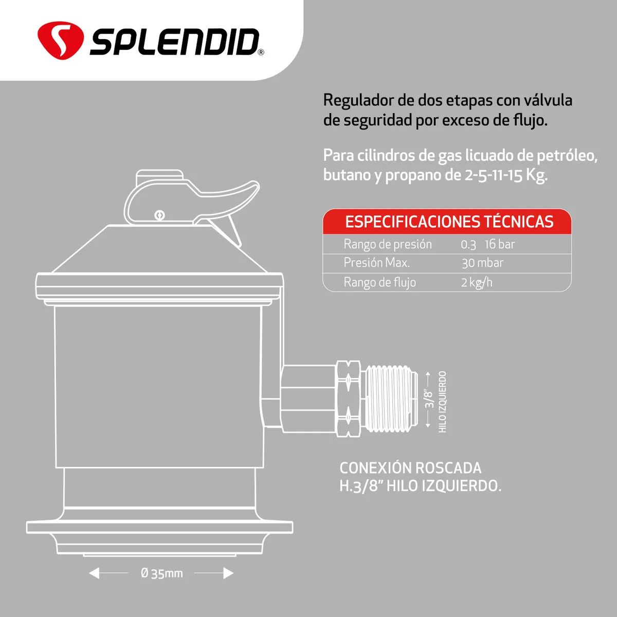 Regulador De Gas Licuado Splendid De 5-11-15kg Certificado, marca SPLENDID - Foto 2