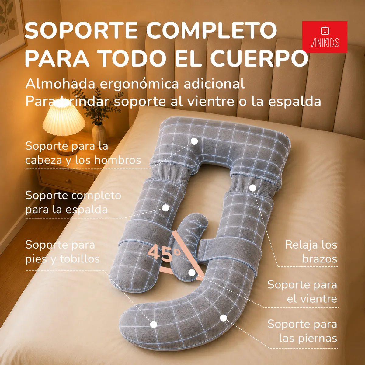 ANIKIDS - 4 En 1 Cojin Maternal Almohada Embarazo Desmontable 141x74cm