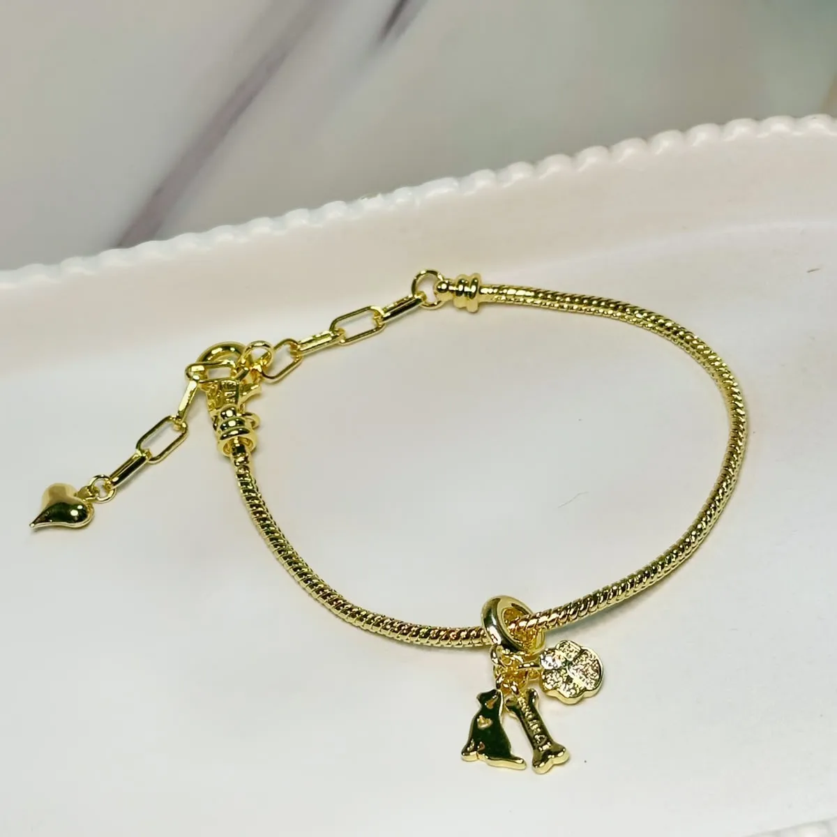 GENERICO - Pulsera tipo pandora Perrihijo ajustabñe dorada charm europeo