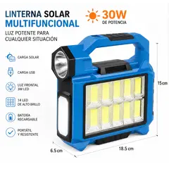 GENERICO - Linterna Solar Multifuncional LED 30W Recargable USB - Luz de Emergencia para Camping, Hogar y Cortes de Energía
