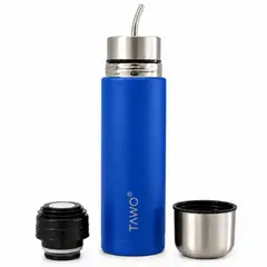 TAWO - Termo Mate Acero Inoxidable Autocebante 2 en 1 750 Ml Hermetico Antiderrame - Azul