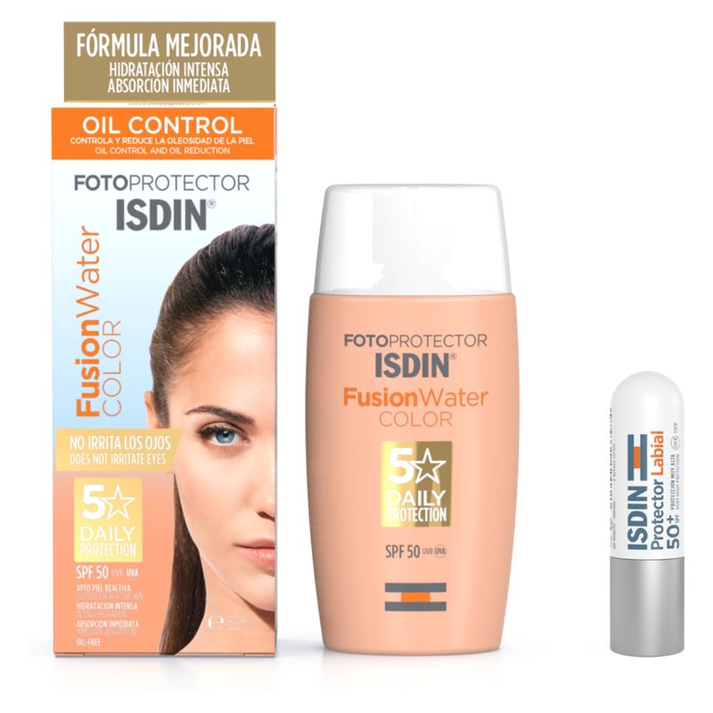 ISDIN - Set Protector Solar Facial Fusion Water Color Medium FPS 50 50 ml + ISDIN Reparador Labial Stick FPS 50 4 gr ISDIN