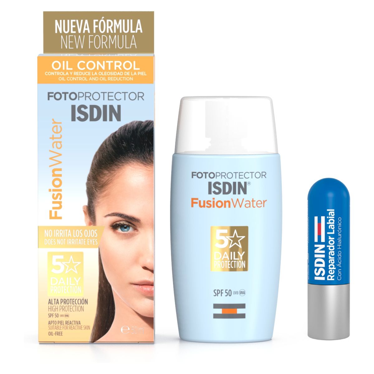 ISDIN - Set Protector Solar Facial Fusion Water FPS 50 50 ml + Reparador Labial con Ácido Hialurónico 4 gr ISDIN