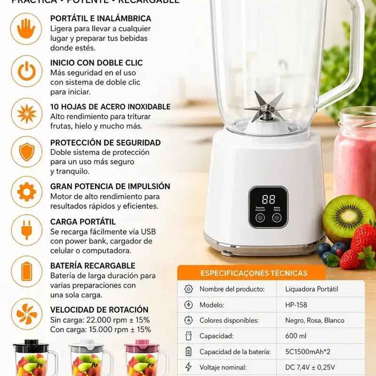 GENERICO - Licuadora Portátil Recargable 600ml Con 3 Programas Vaso Licuadora USB Para Batidos Smoothies Jugos