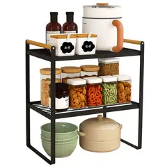 BAZUCA - Repisa organizadora 2 niveles de acero y madera negro 34 cm estante multiuso estilo nórdico